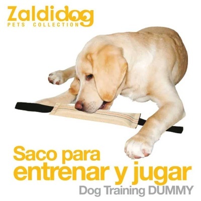 Cão com saco de treino Zaldidog em fundo branco com texto
