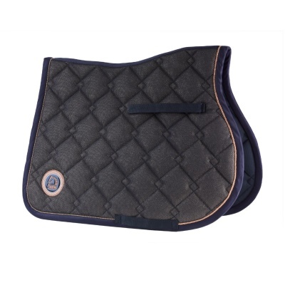 Tapete de sela cinza escuro com bordas azul escuro e costura cor de rosa