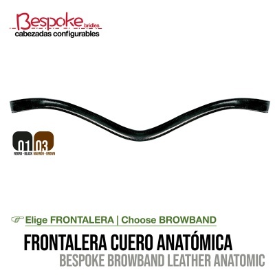 Frontalira em couro anatómica preta com texto e opções de cores