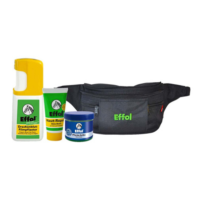 Conjunto de produtos Effol em embalagens coloridas ao lado de uma pochete preta Effol