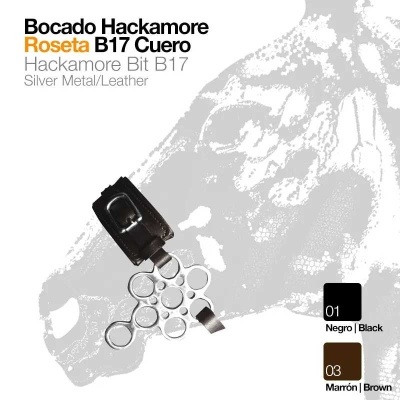 Bocado Hackamore Roseta B17 em couro preto com anéis metálicos prateados.