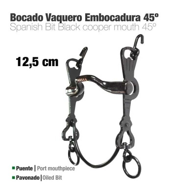 Freio vaqueiro metálico preto com embocadura 45° de 12,5 cm, com ponte e pavonado