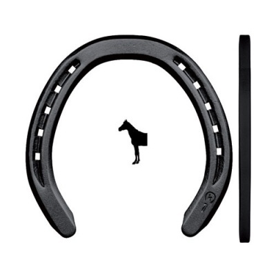 Ferro de ferradura preto com pequeno cavalo preto sobre fundo branco