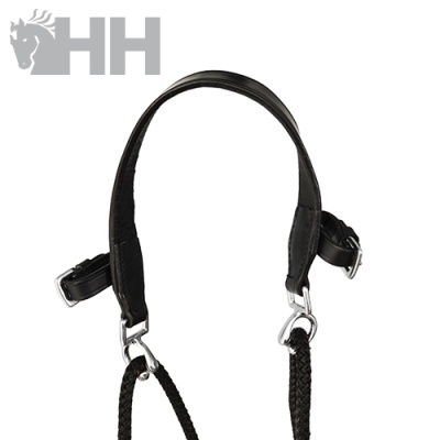 Cabresto preto HH em couro e corda com metal prateado