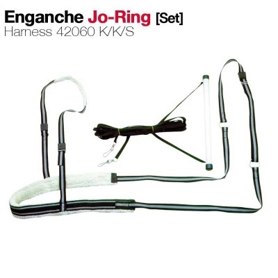 Conjunto de enganche Jo-Ring com fitas pretas e brancas e acessórios metálicos