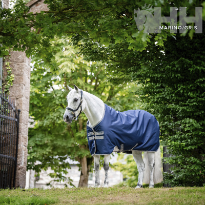 Cavalo branco com manta azul-marinho em ambiente natural perto de portão e estrutura de pedra