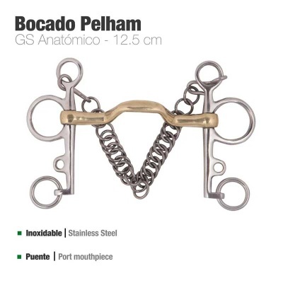 Bocado Pelham GS Anatómico 12,5 cm em aço inoxidável com peça central bronze e corrente