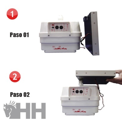 Aparelho branco com painel e tampa preta, passos 01 e 02