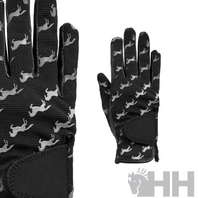 Luvas pretas com padrão de cavalos brancos e fecho ajustável