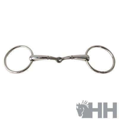 Freio simples metálico prateado com argolas circulares sobre fundo branco e logótipo HH