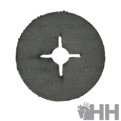 Disco abrasivo preto com corte central em cruz e textos impressos