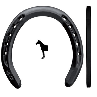 Ferradura preta com recortes e ícone de cavalo