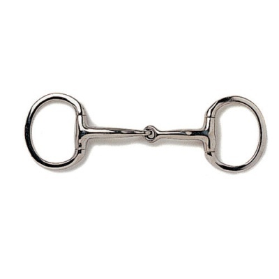 Freio de metal prateado para cavalo com duas argolas e barra central articulada