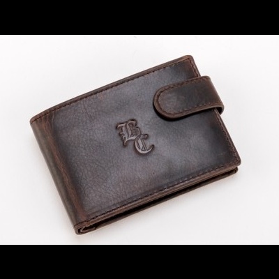 Carteira castanha escura de couro com fecho e logotipo BC