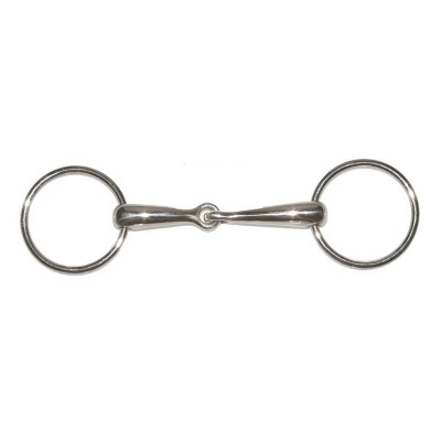 Freio metálico prateado para cavalo com duas argolas e peça central articulada