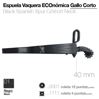 Espuela vaqueira preta com espora circular e pescoço curto