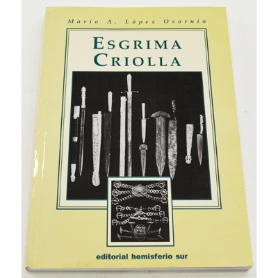 Capa de livro amarela com imagens de armas antigas e título ESGRIMA CRIOLLA