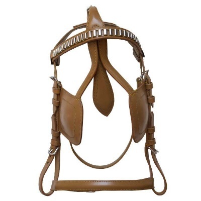 Cabeçada para cavalo em couro castanho com detalhes brancos e fivelas metálicas