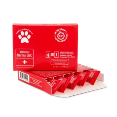 Caixa vermelha de produto Veterinus Derma GeL com cinco tubos visíveis
