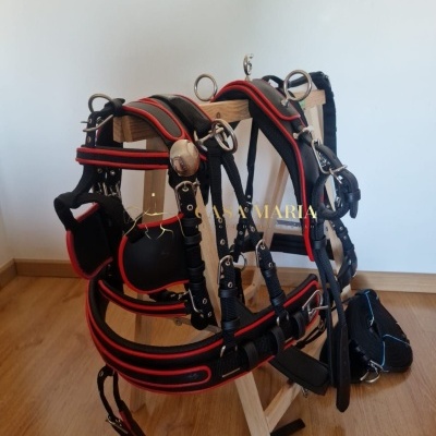 Arnês de couro preto com detalhes vermelhos e fivelas metálicas