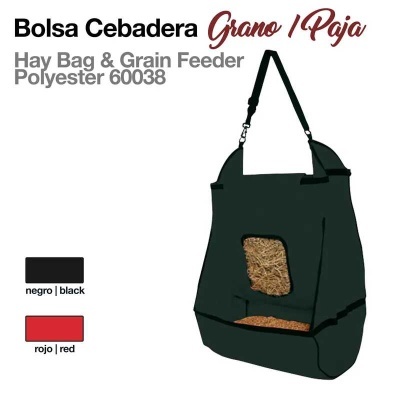 Bolsa cebadera em poliéster preto com janela transparente mostrando palha e alimento, alça ajustável.