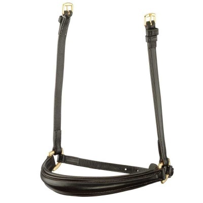 Cabeçada de cavalo em couro preto com fivelas douradas