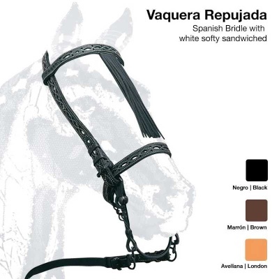 Cabresto vaqueira em pele preta com franjas e almofadado branco em ilustração de cavalo