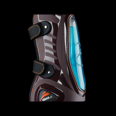 Suporte ortopédico para perna castanho e cinza com velcro preto e parte azul translúcida