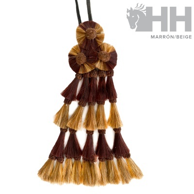 Cordão decorativo castanho/bege com franjas e nós de fios