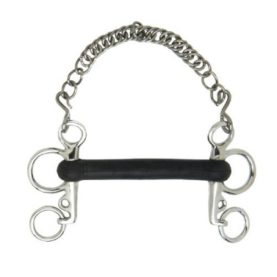 Freio de cavalo metálico com bocal preto e corrente