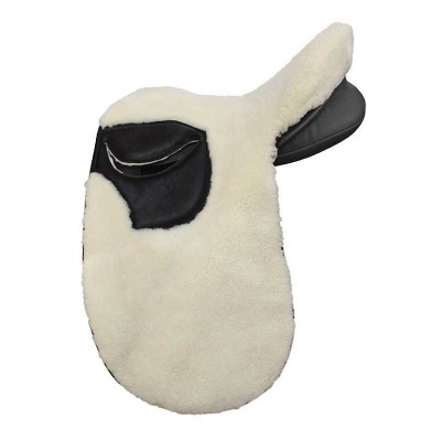 Sela de cavalo com forro em pelo sintético branco e partes em couro preto