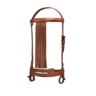 Bridon de couro castanho com franja e fivelas pretas
