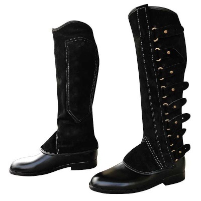 Botas altas femininas pretas em camurça e couro com costuras brancas