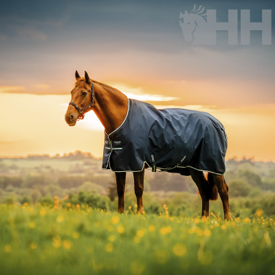 Cavalo castanho com manta azul escura em campo verde ao pôr do sol