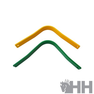 Dois braços metálicos coloridos em forma de ângulo, amarelo e verde, sobre fundo branco com logotipo HH cinzento.
