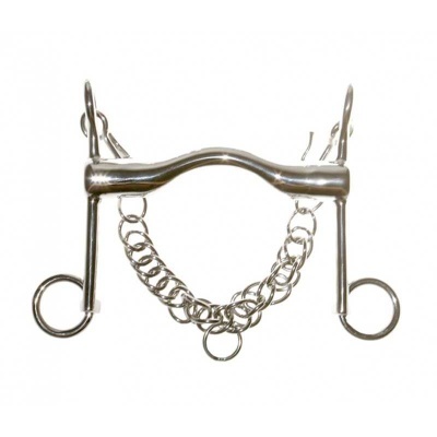 Freio para cavalo em metal prateado com corrente inferior.