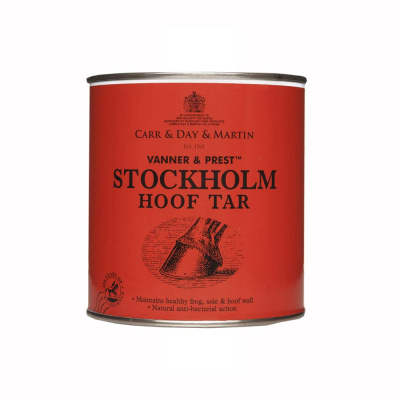 Lata vermelha de Stockholm Hoof Tar com texto e imagem de casco de cavalo