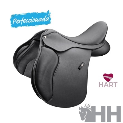 Sela de equitação preta com texto Perfeccionada e logótipos HART e HH