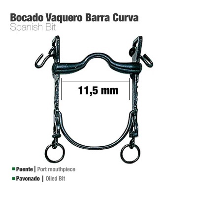 Bocado Vaquero metálico preto com barra curva de 11,5 mm e anéis laterais