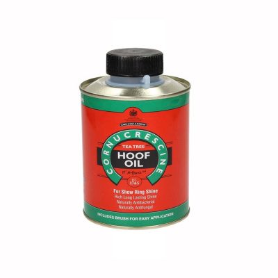 Lata de óleo para cascos de cavalo com etiqueta vermelha e verde.