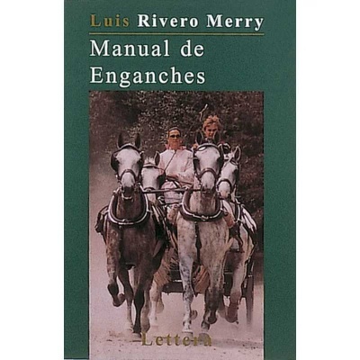 Capa de livro 'Manual de Enganches' com imagem de carrinho com quatro cavalos brancos puxando e duas pessoas a conduzir.