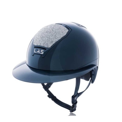 Capacete de equitação azul escuro com detalhe cinzento e inscrição LAS