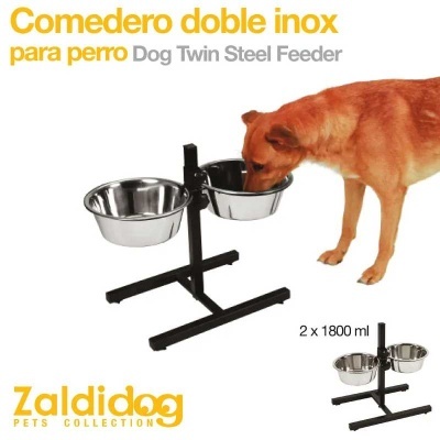 Comedero duplo inox para cão com suporte preto e dois recipientes de aço inoxidável da Zaldidog Pets Collection.