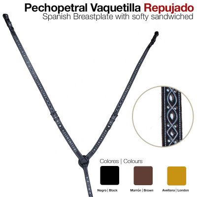 Peitoral tipo breastplate espanhol em couro rebaixado com padrão decorativo