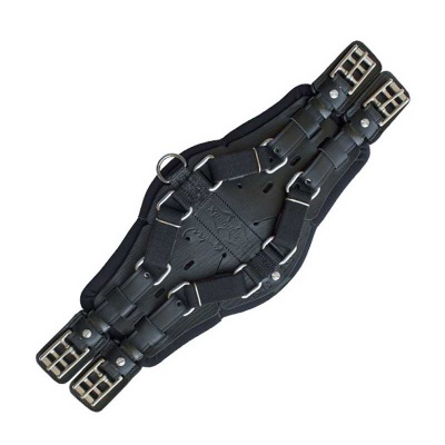 Muserola preta de couro e tecido acolchoado com fivelas metálicas