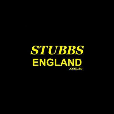 Texto amarelo STUBBS ENGLAND .com.au sobre fundo preto