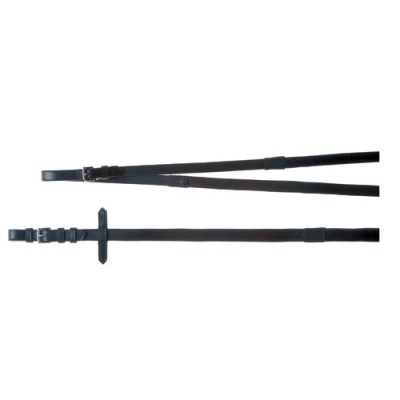 Rédeas para equitação em couro preto com fivelas metálicas.