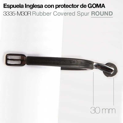 Espora inglesa com protetor de goma preto, texto e indicação de 30 mm.