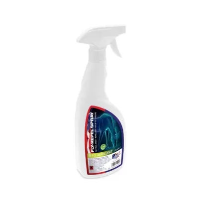 Frasco de spray branco com rótulo colorido de repelente de moscas