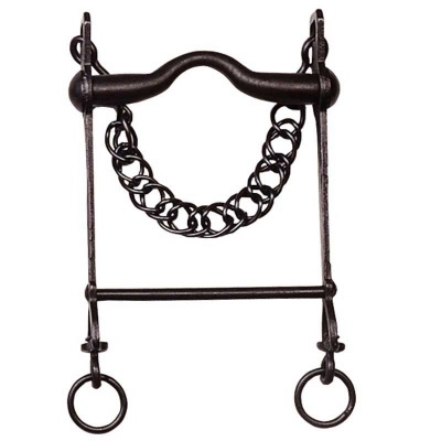 Freio equestre em metal preto com corrente e anéis